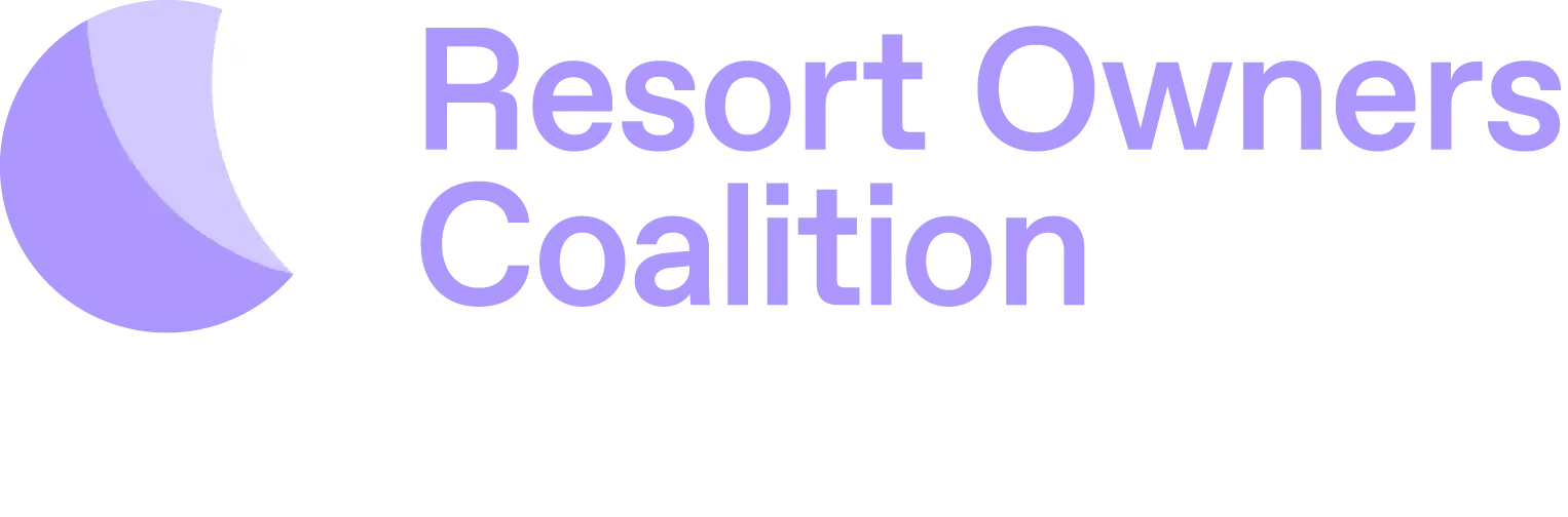 Logo with a purple and white circular graphic on the left and text reading “Resort Owners Coalition Powered by ARDA” on the right.
